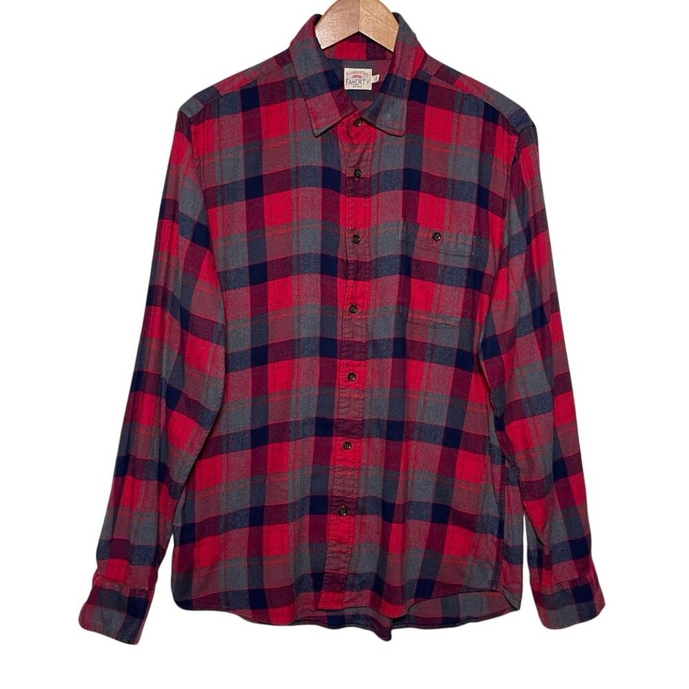 FAHERTY Men’s Red Checked Brushed Long Sleeve Button Up Flannel Shirt